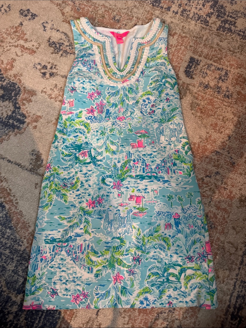 Lilly Pulitzer Aqua Tropical Print Beaded Neckline Shift Dress